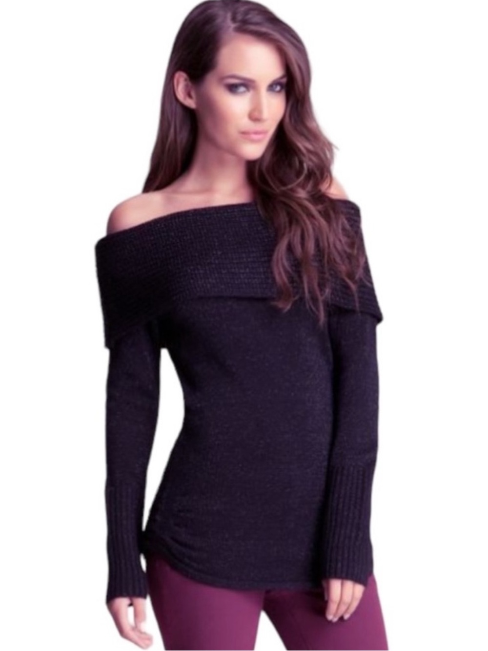 Bebe Black Shimmer Off The Shoulder Cowl Neck Long Sleeve Sweater Size Small